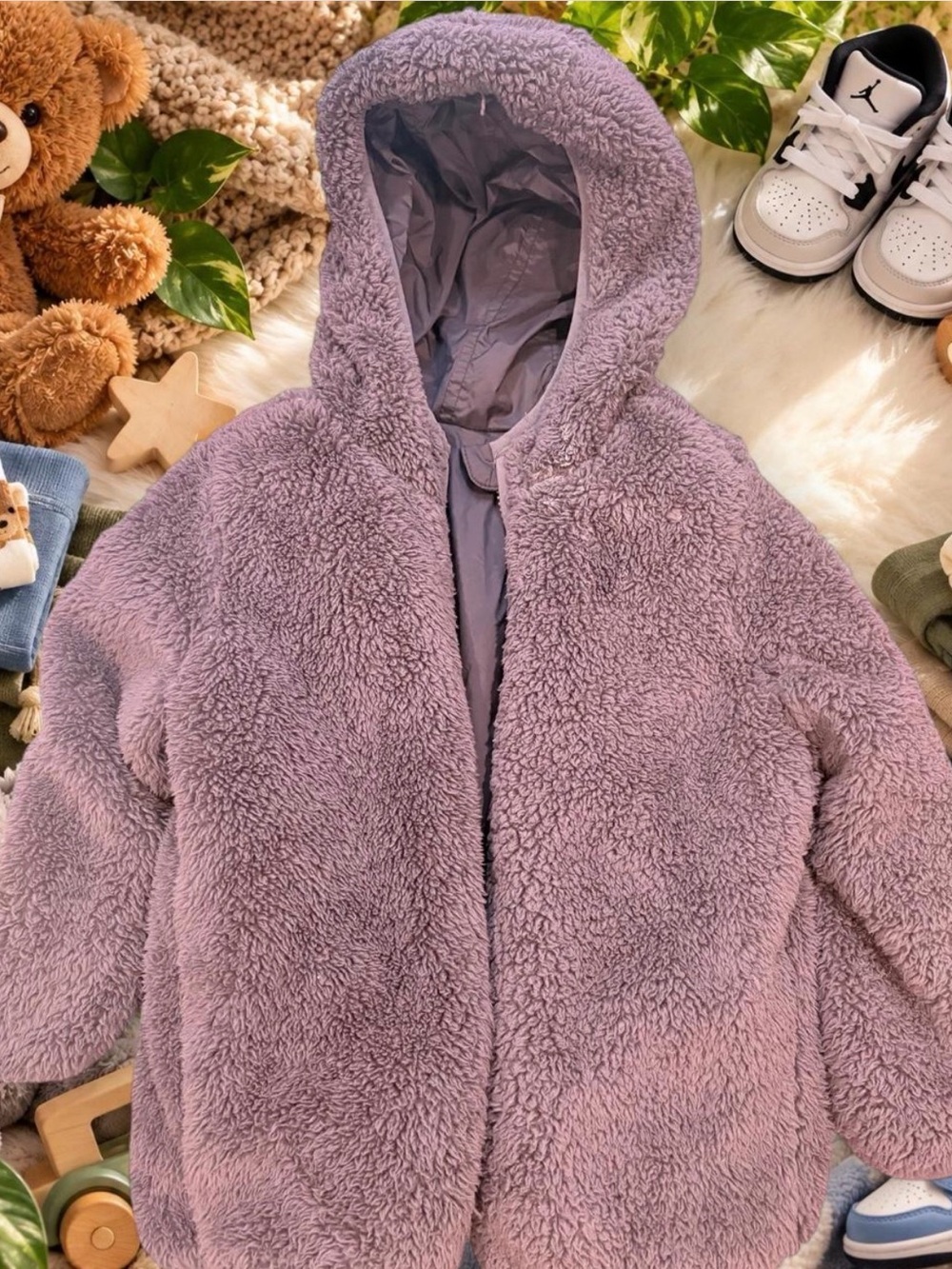 Kids Plush Hooded Coat - Gray